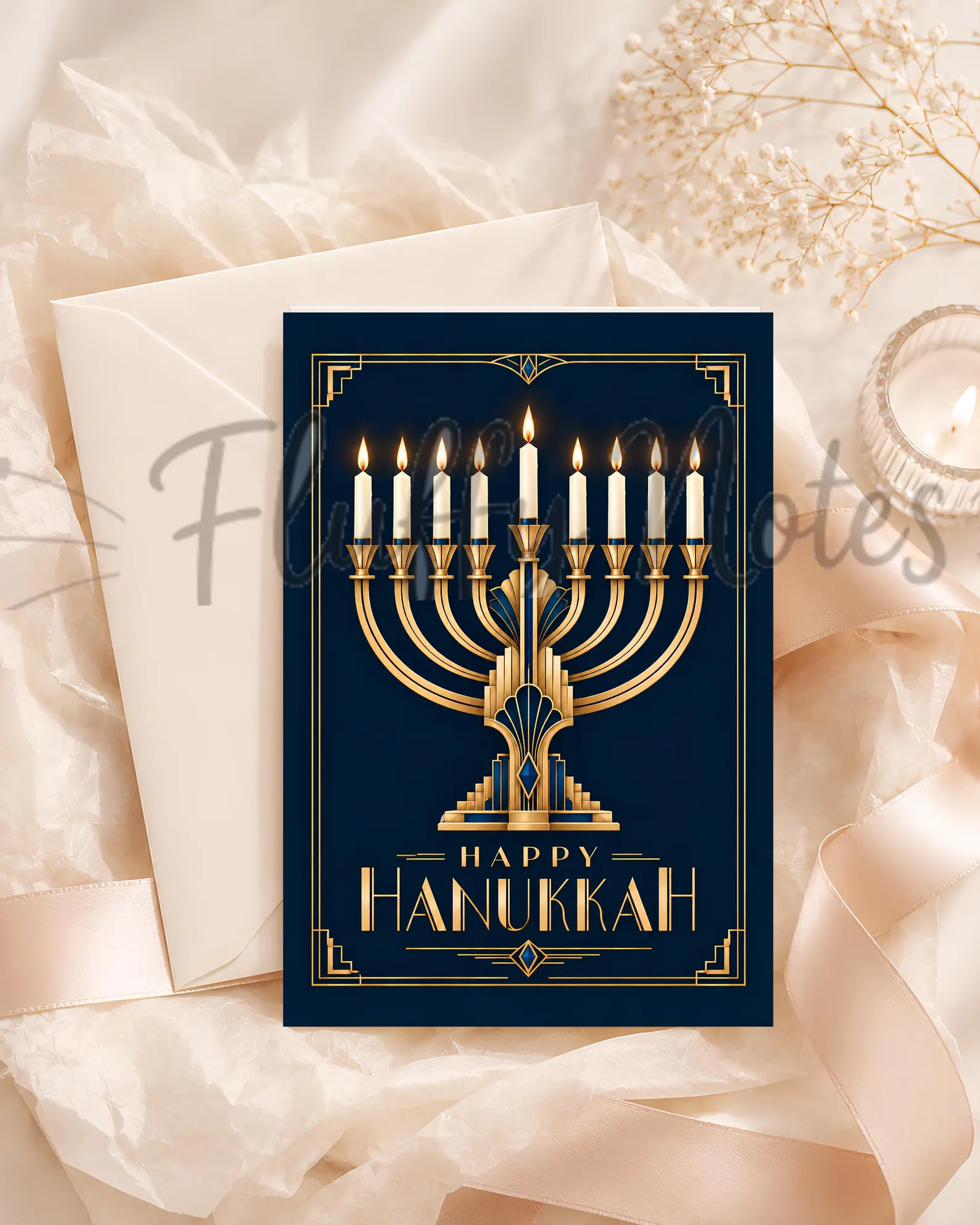 Art Deco Hanukkah card with a menorah in navy blue and gold