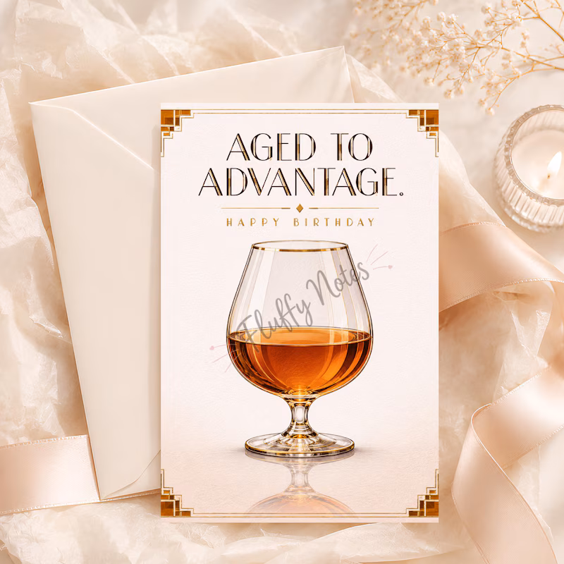 Art Deco whiskey birthday card with the words Aged to Advantage
