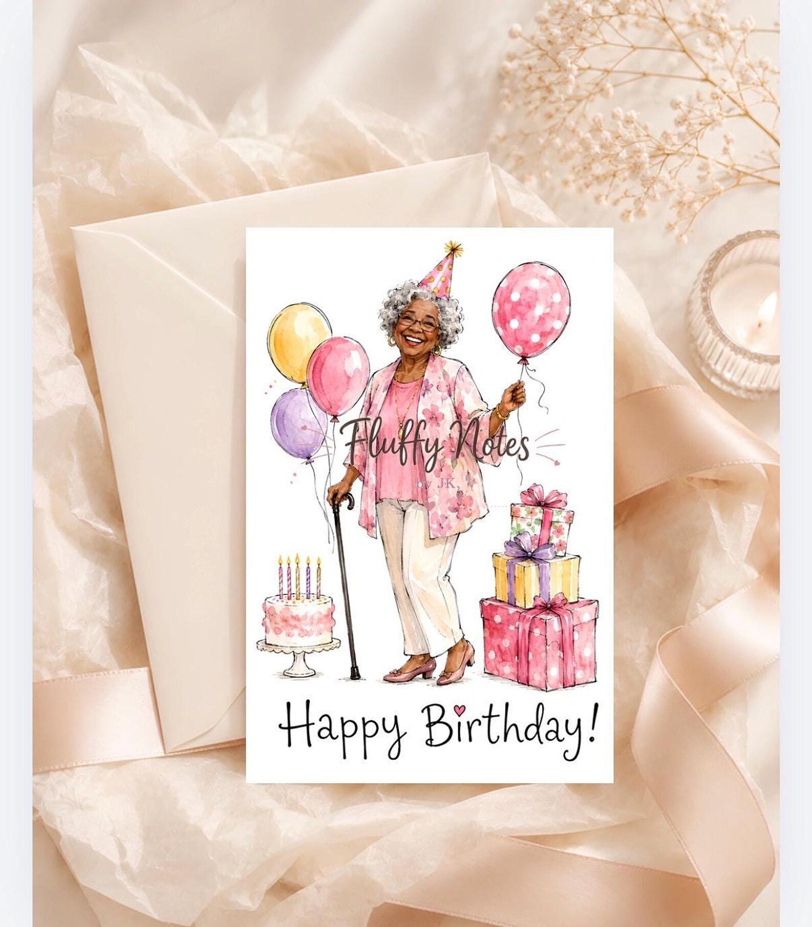 Birthday card showing an older Black woman with silver-gray hair and a cane, surrounded by pink balloons, birthday cake and wrapped gifts