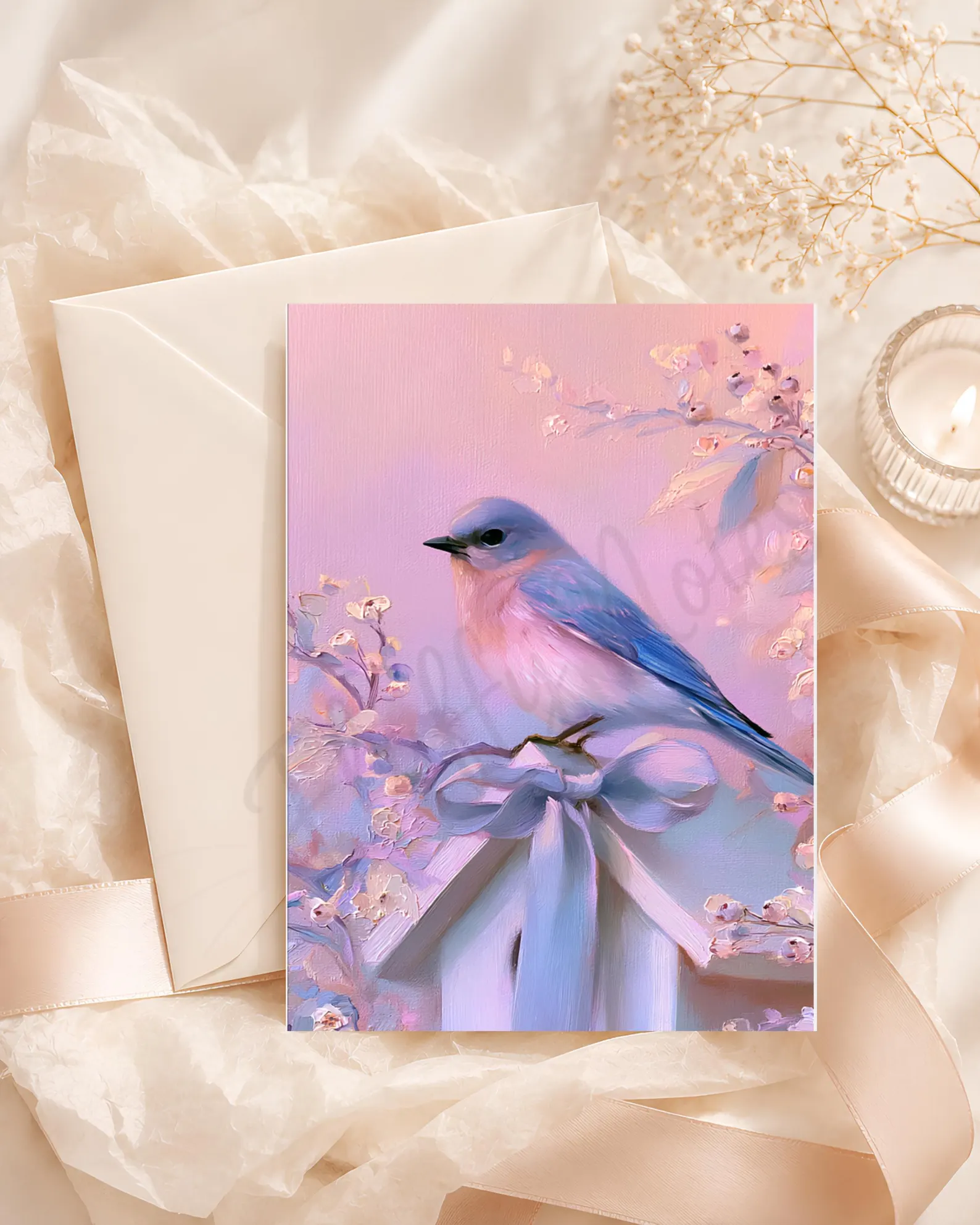 Blank greeting card with a bird, blue and pink blossoms, and a lavender bow