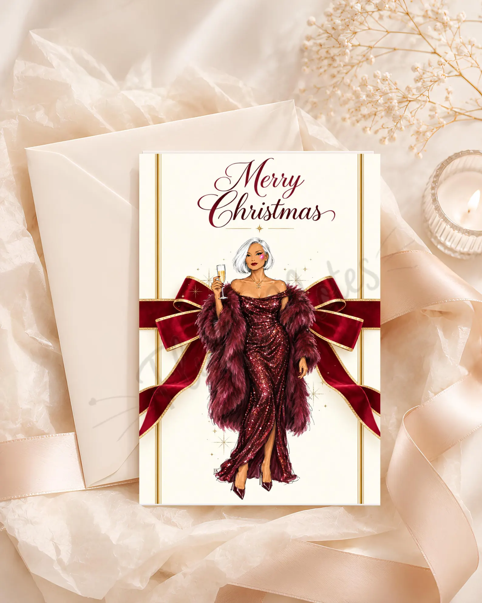 Christmas card with a fashion illustration of a woman in a burgundy gown