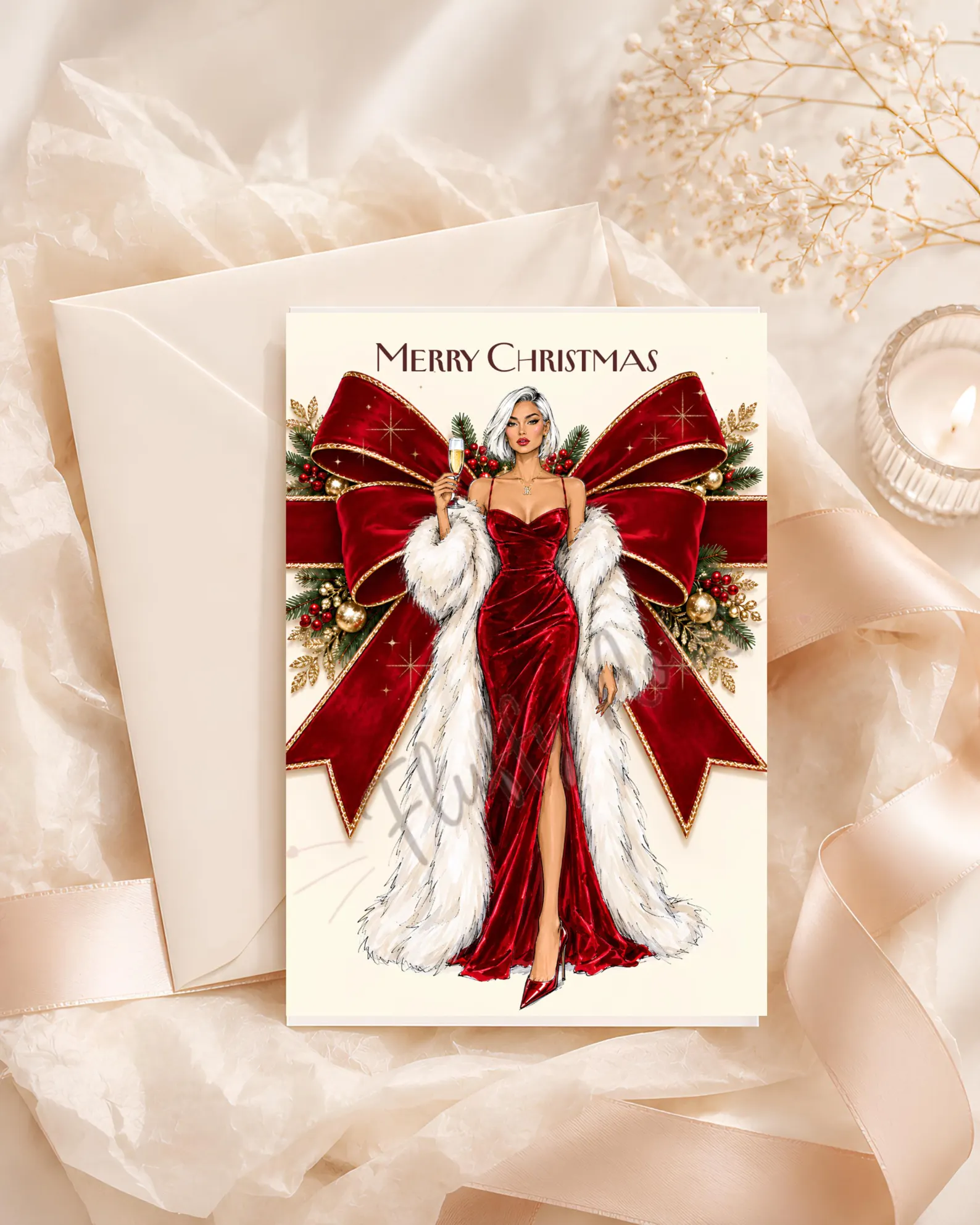 Christmas card with a woman in a red velvet gown and fur stole raising a champagne glass