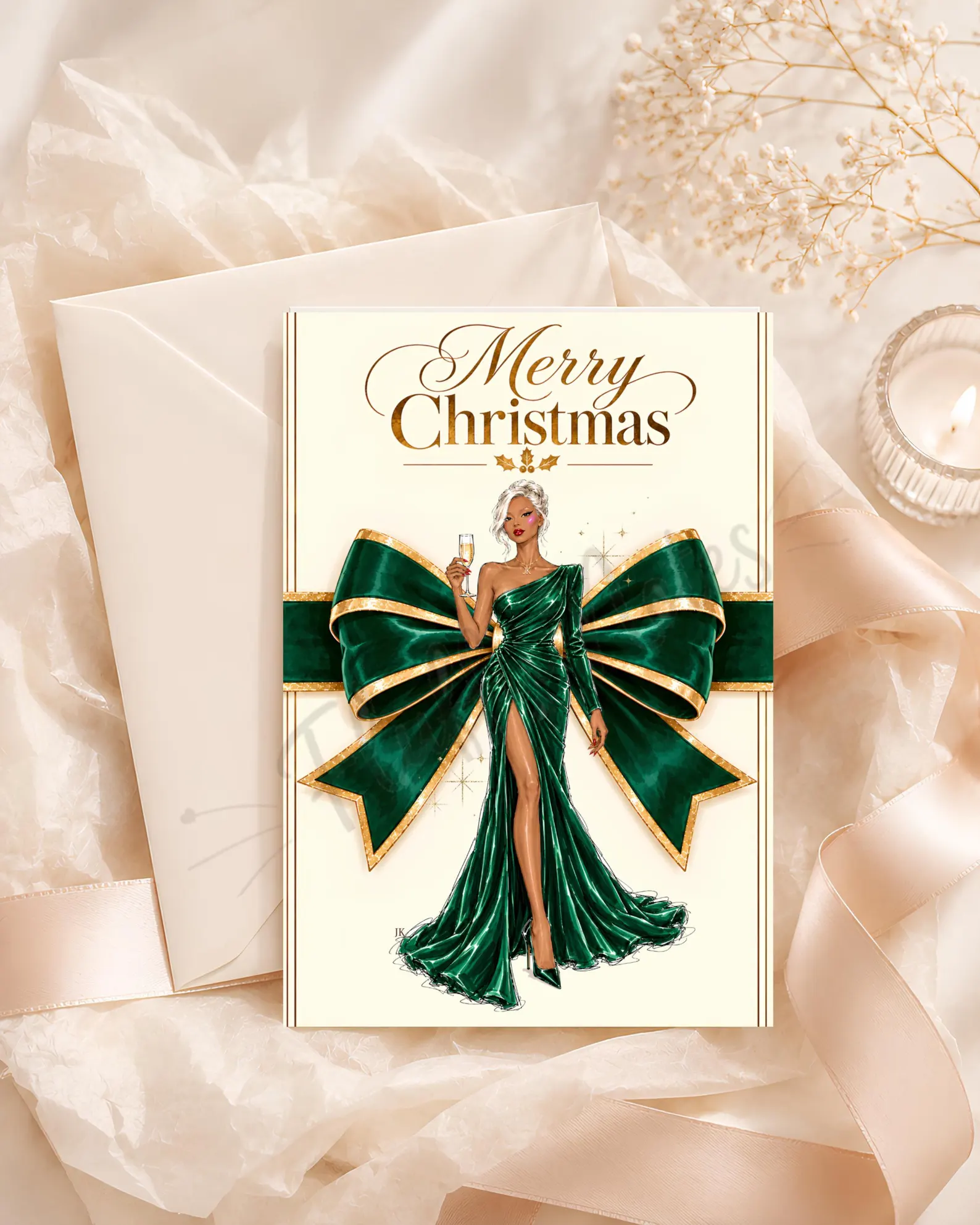 Christmas card illustrating a Black woman in an emerald gown