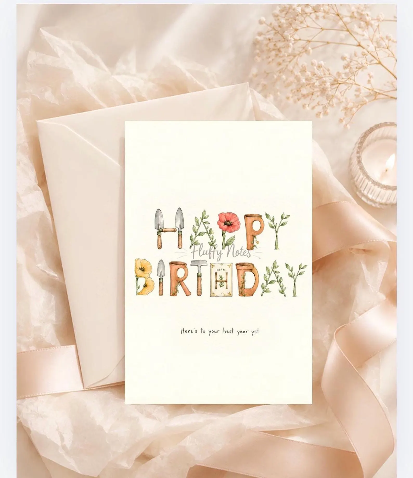 Gardening birthday card with botanical lettering and garden tools