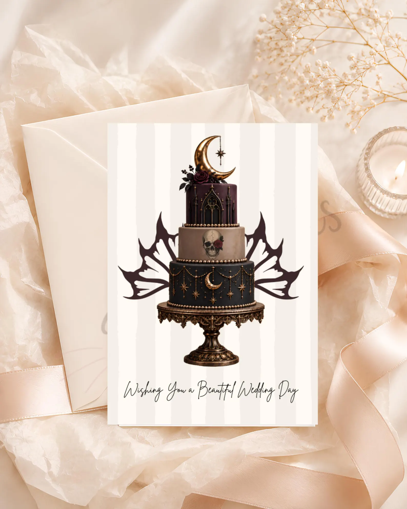 Gothic wedding cake card with a skull, roses and a crescent moon