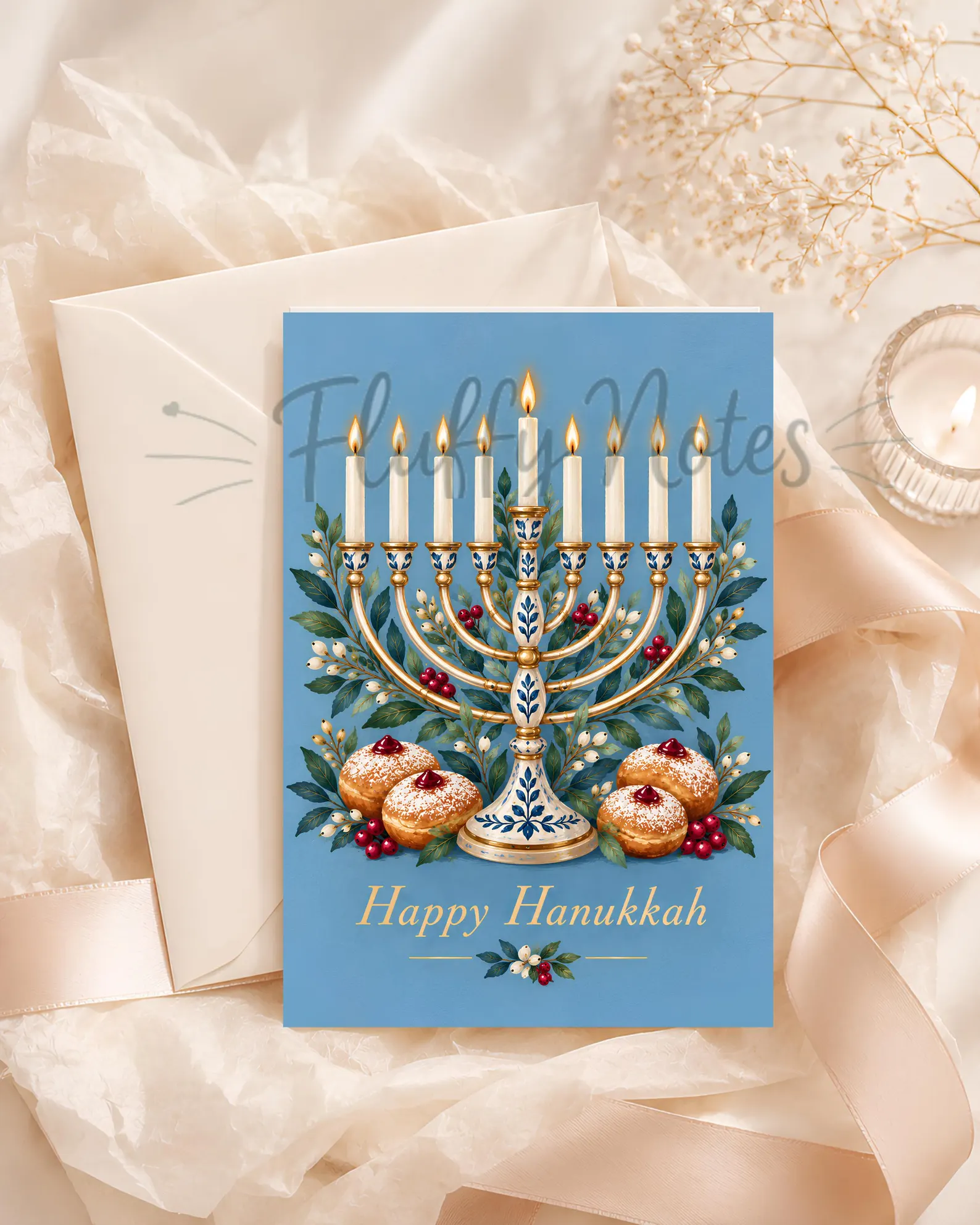 Hanukkah card with a blue menorah, gold details and jelly doughnuts