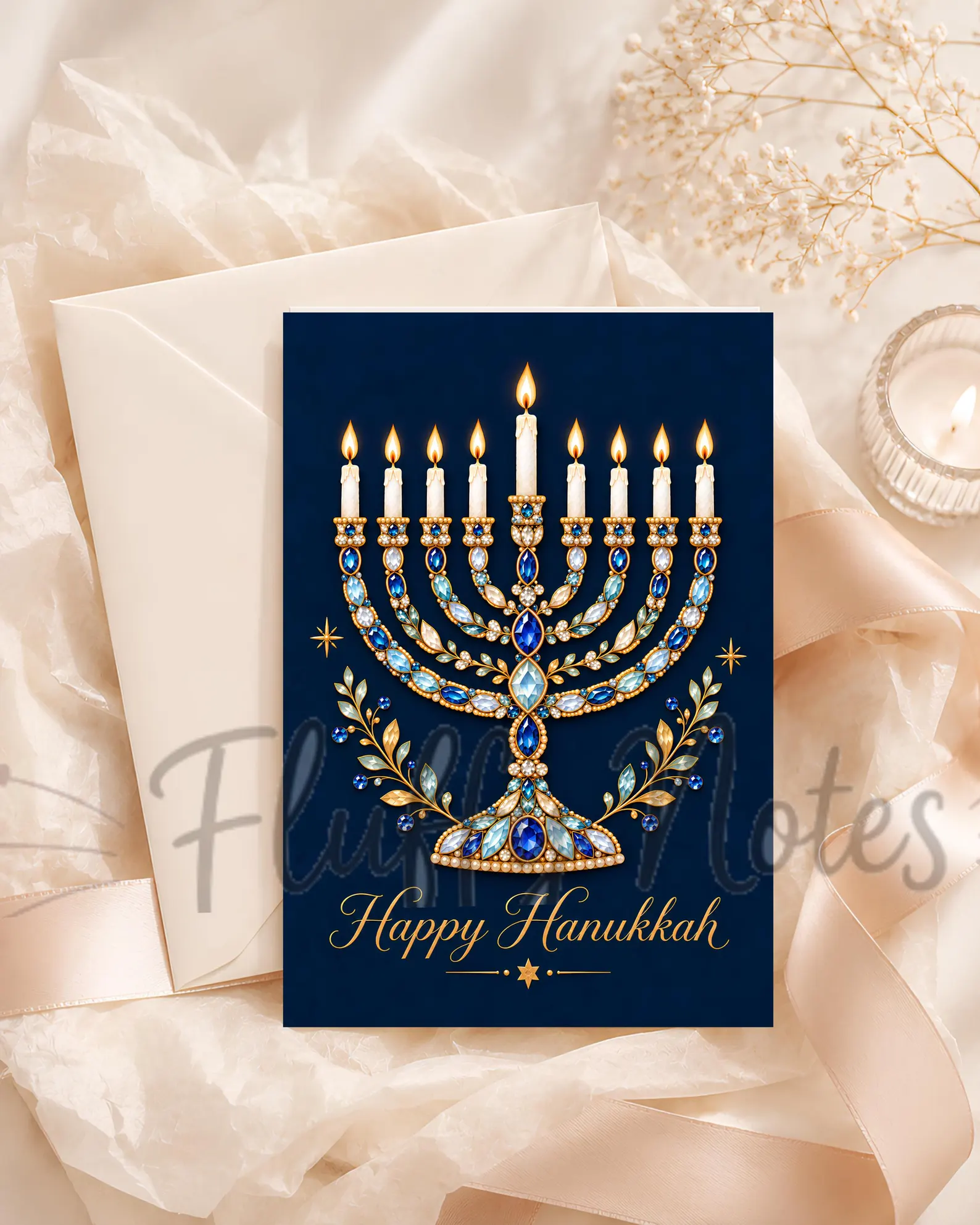 Hanukkah card with a jeweled menorah against a navy and gold design