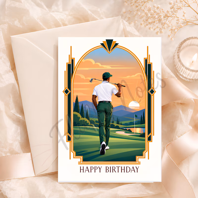 Art Deco golf birthday card with a golfer, green and gold border, and custom name option