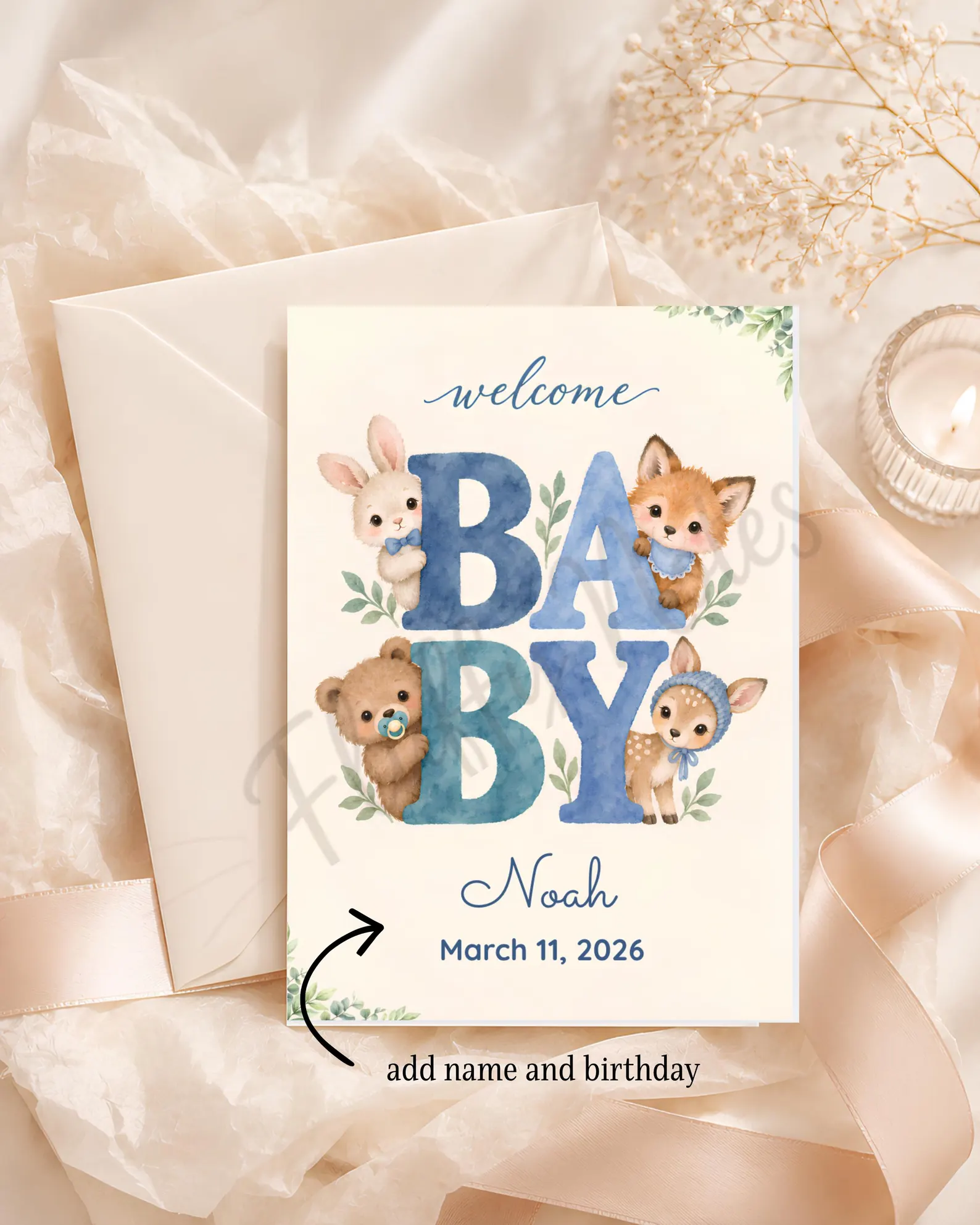 Personalized new baby boy card with blue lettering, woodland animals, name and birth date