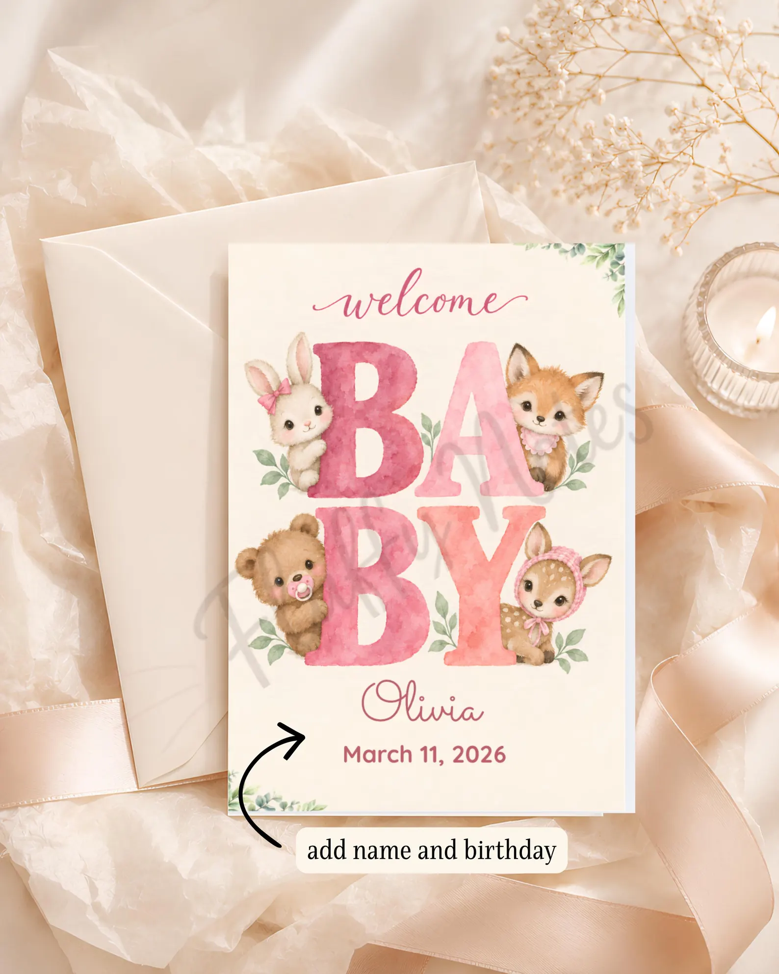 Personalized new baby girl card with pink lettering, woodland animals, name and birth date