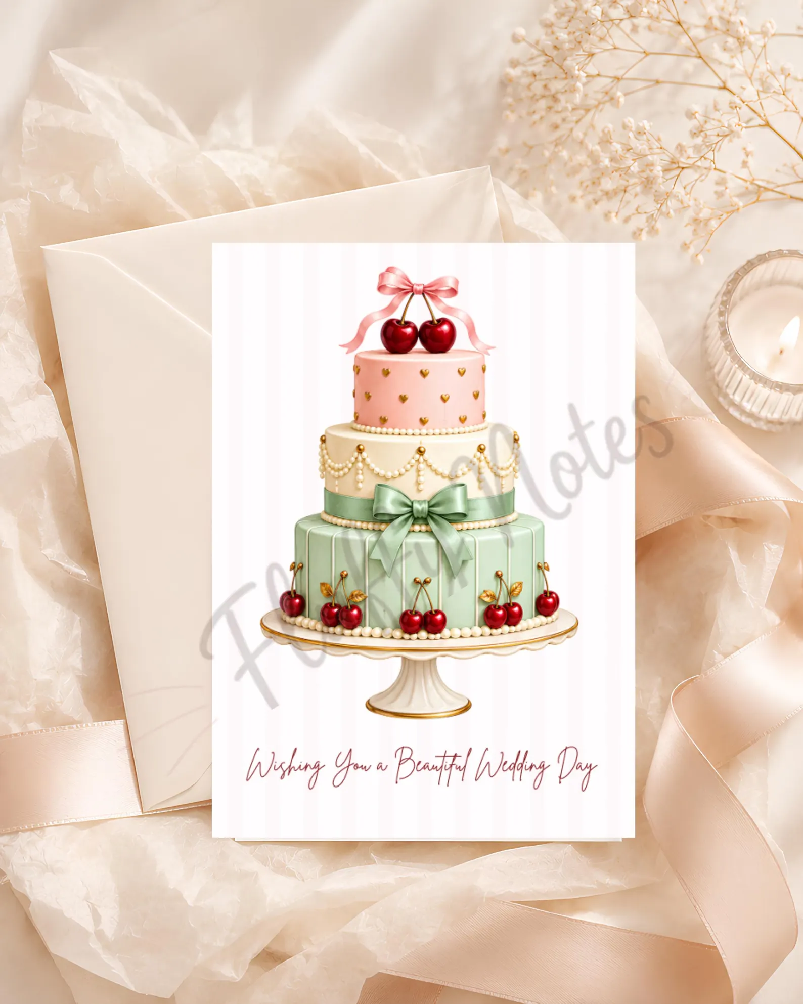 Pink and sage wedding cake card decorated with bows and cherries