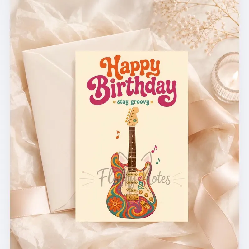 Retro electric guitar illustration on a birthday card