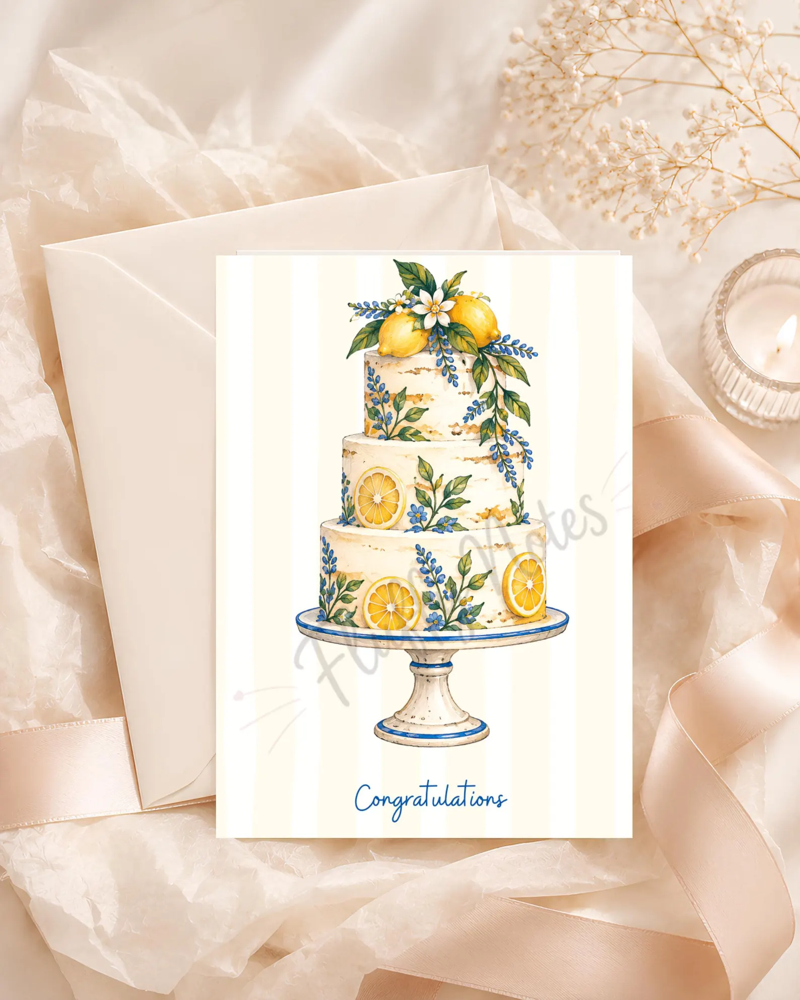 Three-tier wedding cake card decorated with lemons and blue flowers