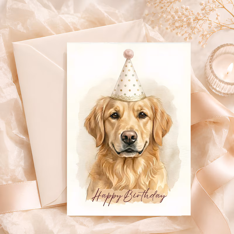 Watercolor golden retriever wearing a party hat on a birthday card